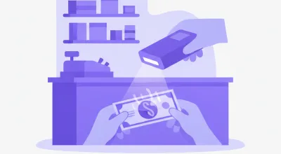 Ilustración de un detector de billetes falsos con luz ultravioleta revisando un billete de pesos argentinos en el mostrador de un comercio