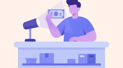 Ilustración de una persona revisando un billete de dólares estadounidenses a trasluz sobre el mostrador de un comercio