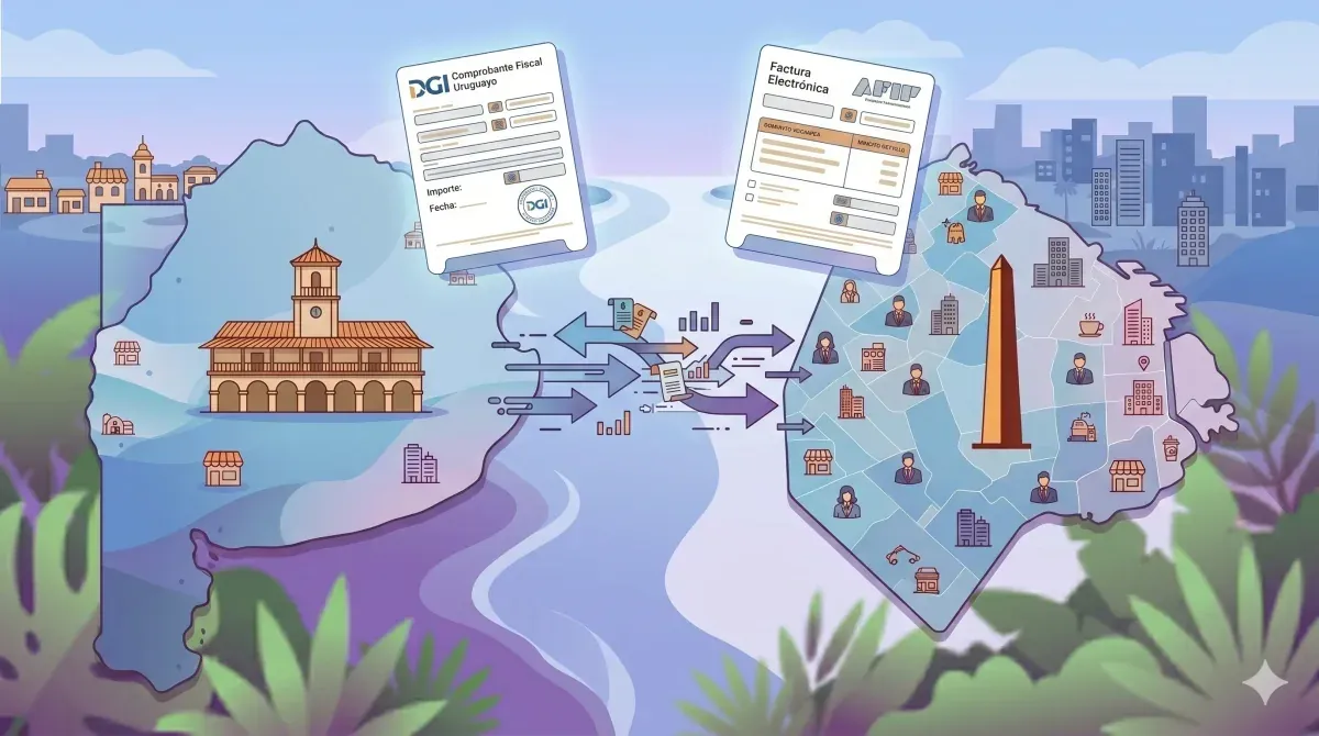 Río de la Plata separando dos mapas estilizados: Uruguay con DGI/CFE y Argentina con ARCA/factura electrónica