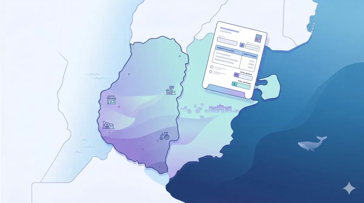 Mapa de Chubut con la costa atlántica patagónica al fondo y un dispositivo mostrando el portal DGR Chubut