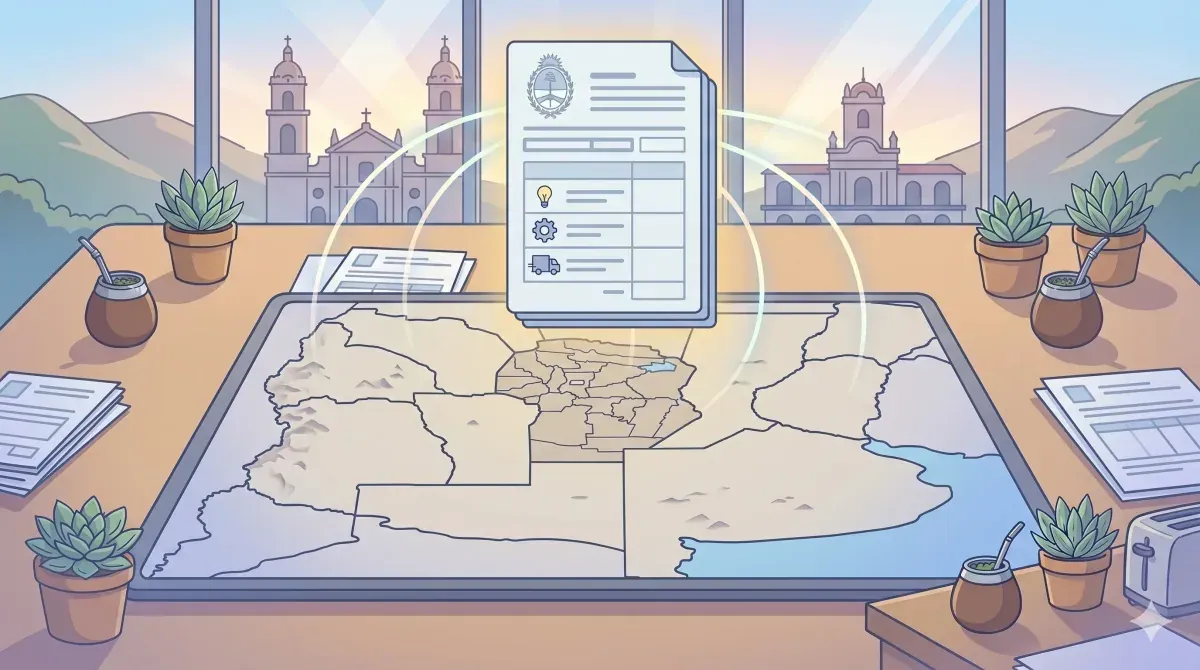 Mapa de la provincia de Córdoba con el cabildo histórico al fondo y un dispositivo mostrando el portal DGR