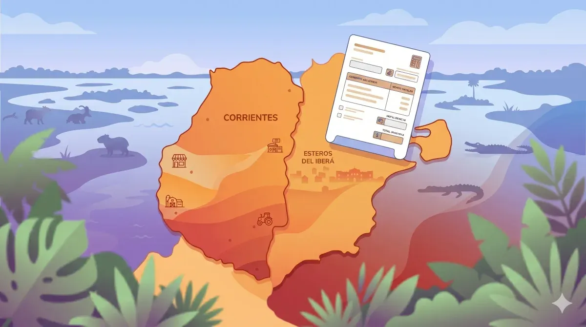 Mapa de Corrientes con los Esteros del Iberá al fondo y un dispositivo mostrando el portal DGR Corrientes