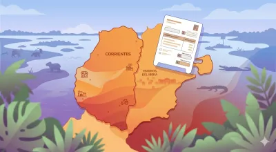 Mapa de Corrientes con los Esteros del Iberá al fondo y un dispositivo mostrando el portal DGR Corrientes