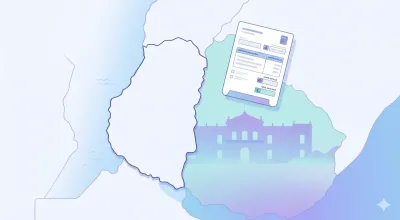 Mapa de Entre Ríos con el Palacio San José al fondo y un dispositivo mostrando el portal DGR