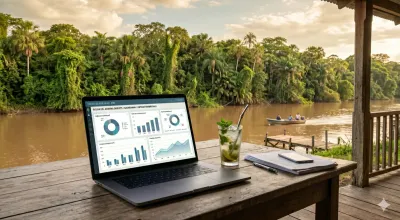 Río Paraguay en Formosa con vegetación subtropical y un dispositivo mostrando el portal DGR Formosa