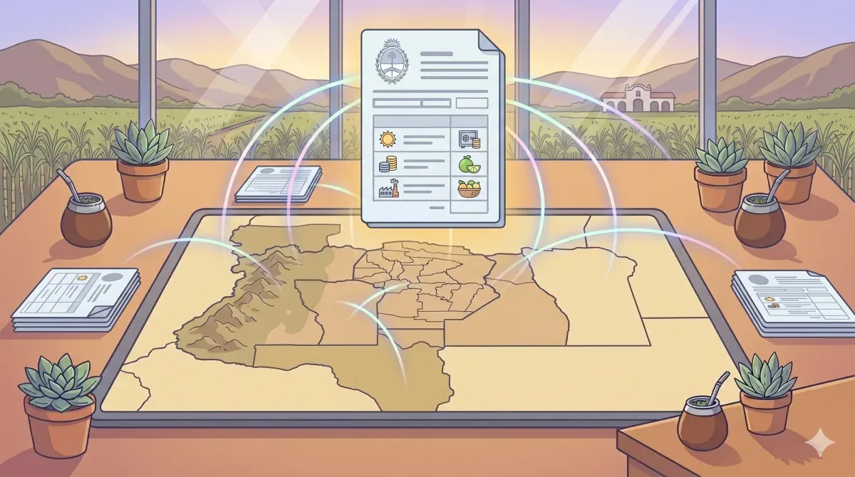 Mapa de la provincia de Tucumán con la Casa Histórica de Tucumán al fondo y el portal DGR en un dispositivo