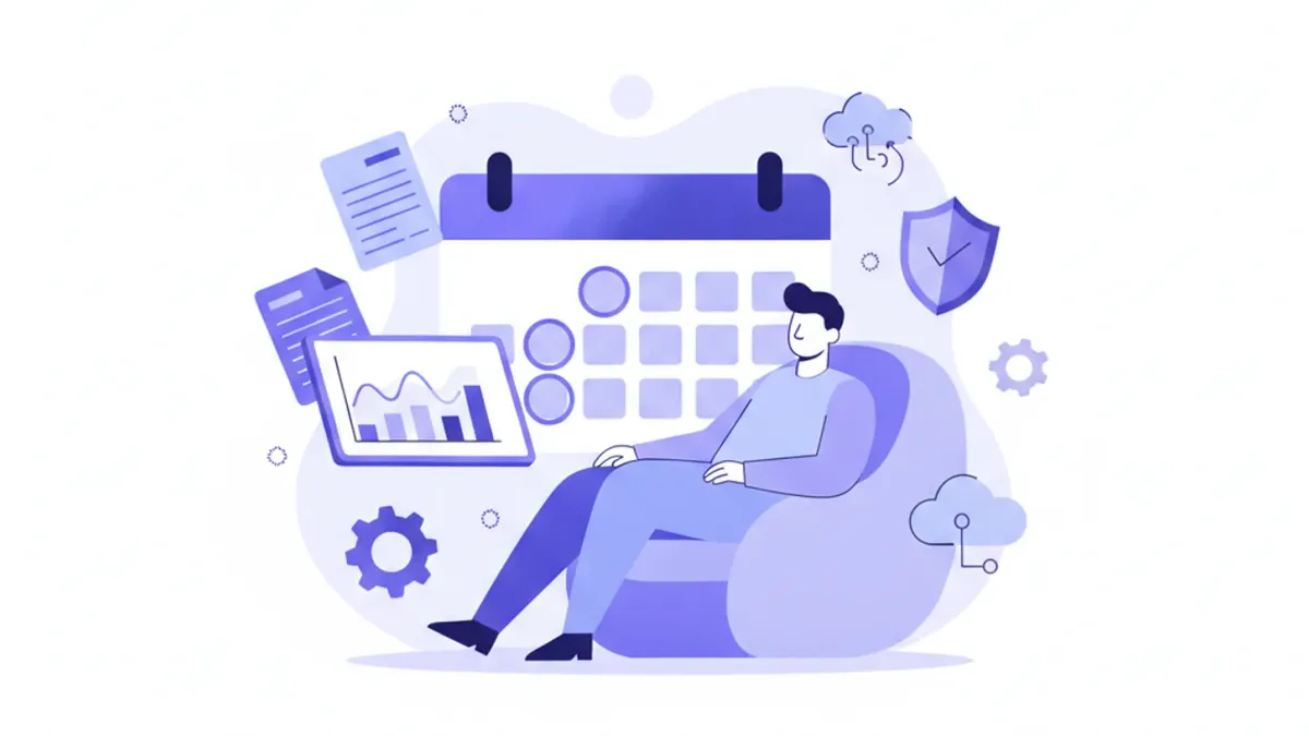 Ilustración flat vector de un trabajador uruguayo descansando con un calendario de vacaciones, documentos laborales y pesos uruguayos