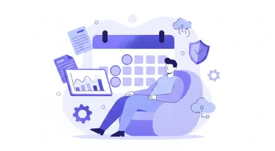 Ilustración flat vector de un trabajador uruguayo descansando con un calendario de vacaciones, documentos laborales y pesos uruguayos