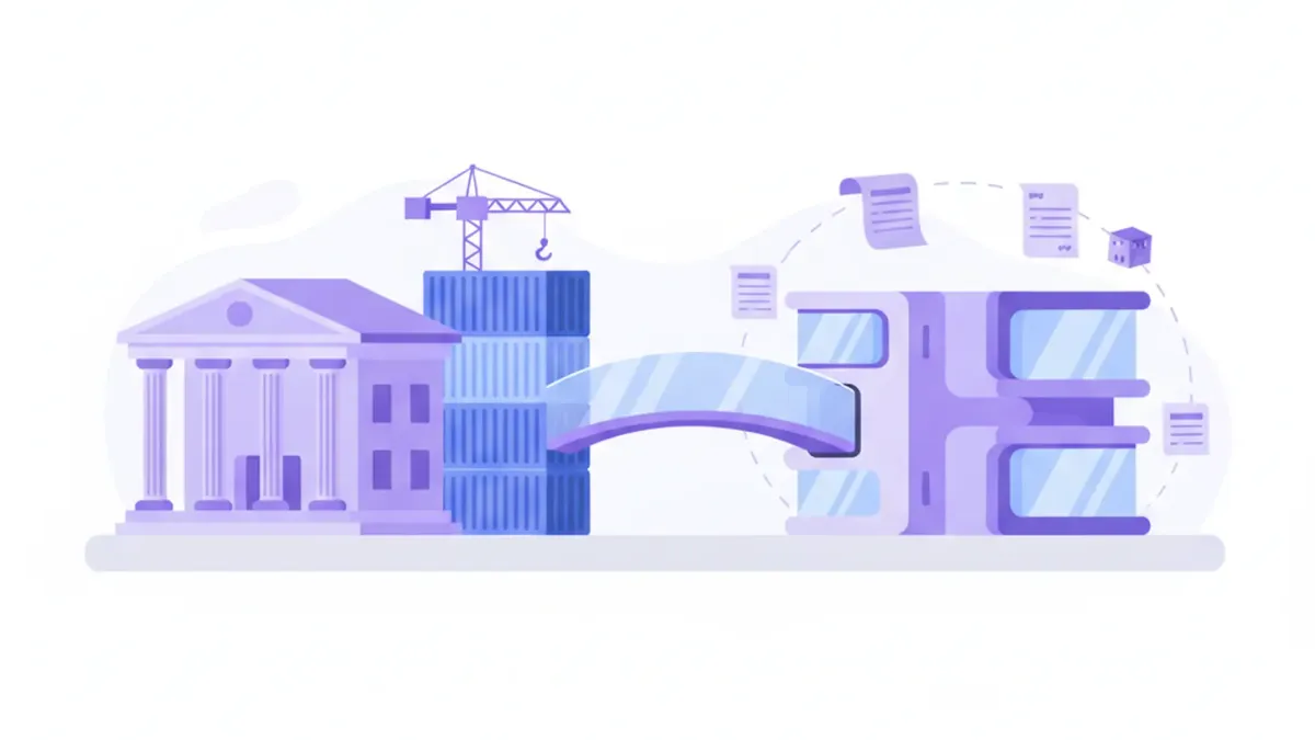 Ilustración de un edificio institucional con columnas y una pila de contenedores con una grúa, unidos por un puente a un edificio moderno rodeado de documentos
