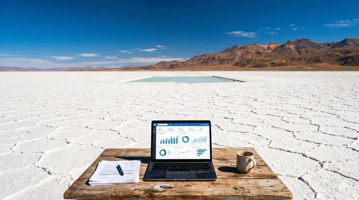 Salinas Grandes de Jujuy con vista a la cordillera y un dispositivo mostrando el portal de Rentas Jujuy