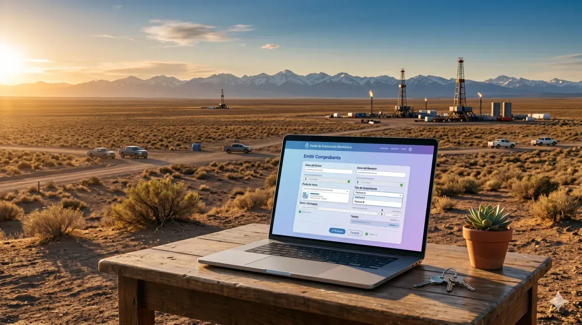Paisaje de Vaca Muerta y la cordillera neuquina con un dispositivo mostrando el portal de Rentas Neuquén