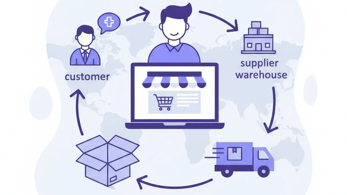 Ilustración del flujo de dropshipping: una tienda en línea en una laptop conectada con el cliente, la bodega del proveedor, un camión de reparto y una caja de envío