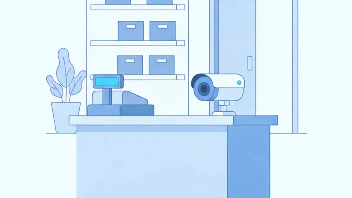 Ilustración de un DVR Hikvision conectado a cuatro cámaras analógicas sobre un mostrador, con un celular mostrando la app Hik-Connect al lado
