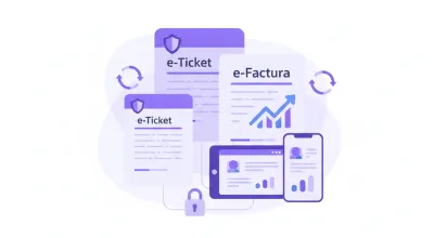 Ilustración flat vector comparando e-Ticket y e-Factura electrónica en Uruguay con paleta violeta y azul