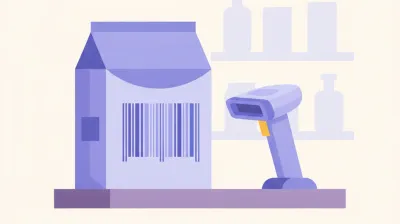 Ilustración de un código de barras EAN-13 sobre un envase con cada grupo de dígitos resaltado en un color distinto
