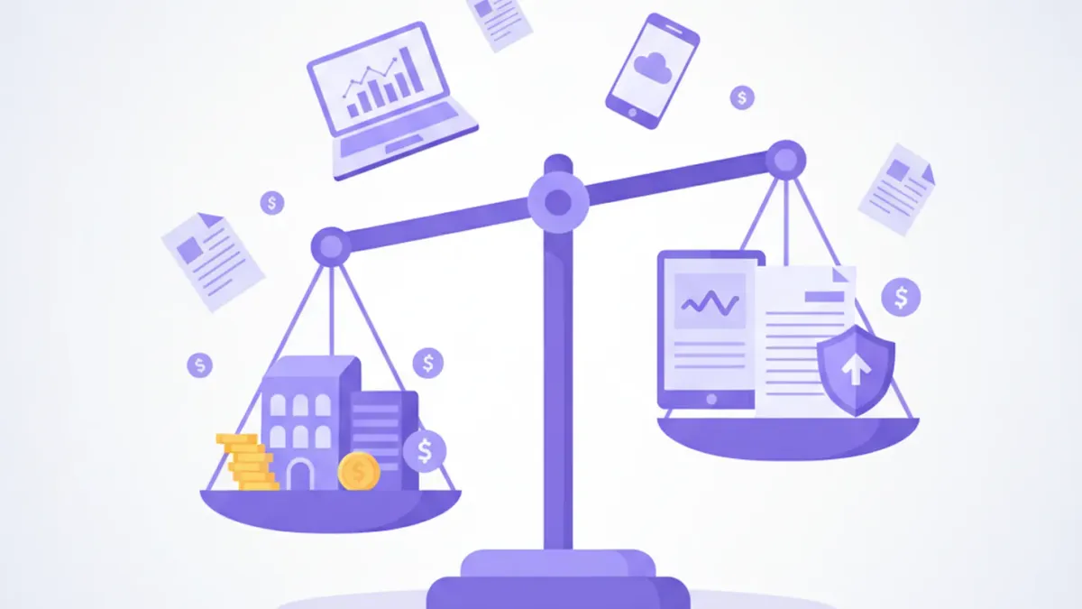 Ilustración de la ecuación contable: balanza con activo en un lado y pasivo más patrimonio neto en el otro, estilo flat vector en tonos violeta y azul