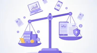 Ilustración de la ecuación contable: balanza con activo en un lado y pasivo más patrimonio neto en el otro, estilo flat vector en tonos violeta y azul