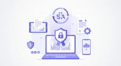 Ilustración plana de una computadora con certificado digital y logo del SAT