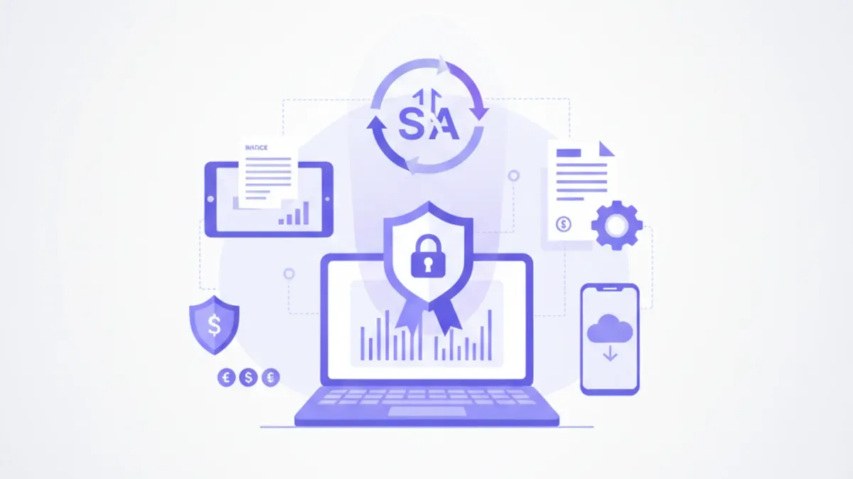 Ilustración plana de una computadora con certificado digital y logo del SAT