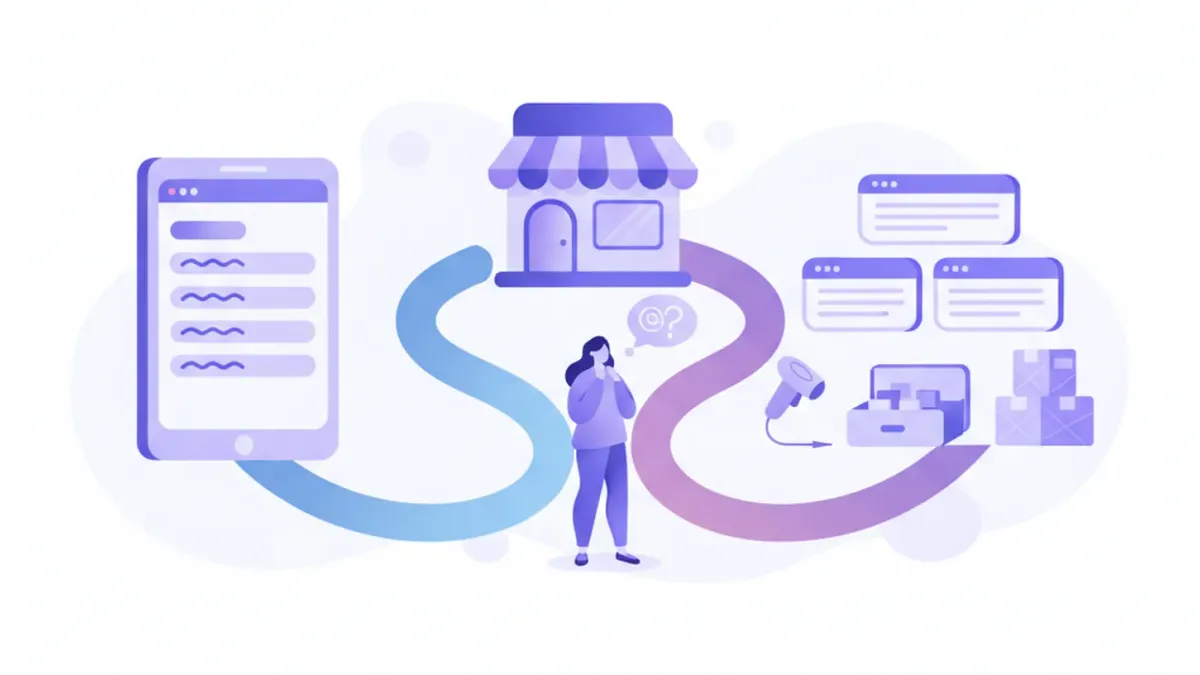 Ilustración de dos caminos que parten de un mismo comercio: uno lleva a un formulario web simple y otro a un sistema de caja con varias pantallas