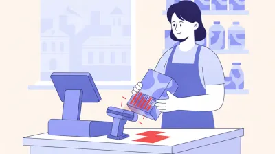 Ilustración de un cajero pasando un producto frente a un lector de código de barras que no logra leerlo, con el código marcado en rojo sobre el mostrador