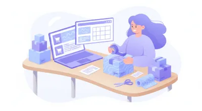 Vendedora online armando paquetes junto a una notebook que muestra una publicación de marketplace