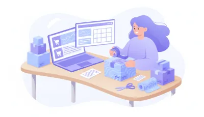 Vendedora online armando paquetes junto a una notebook que muestra una publicación de marketplace