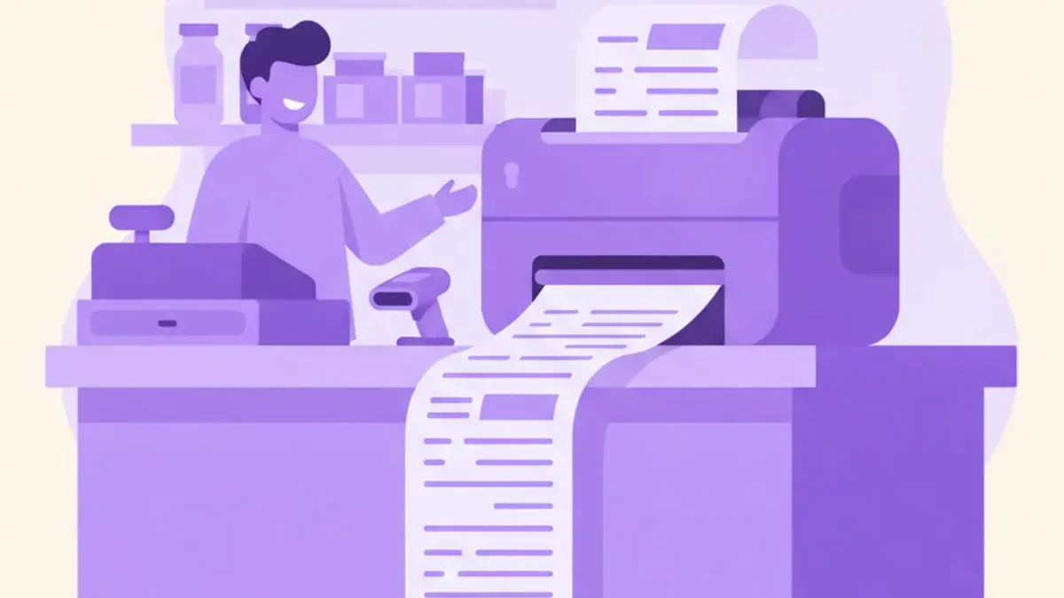 Ilustración de una impresora térmica Epson TM-T20 sobre el mostrador de un comercio imprimiendo un ticket de venta