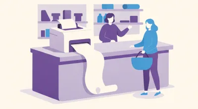 Ilustración de una impresora térmica Epson TM-T88V sobre el mostrador de un local imprimiendo un ticket largo