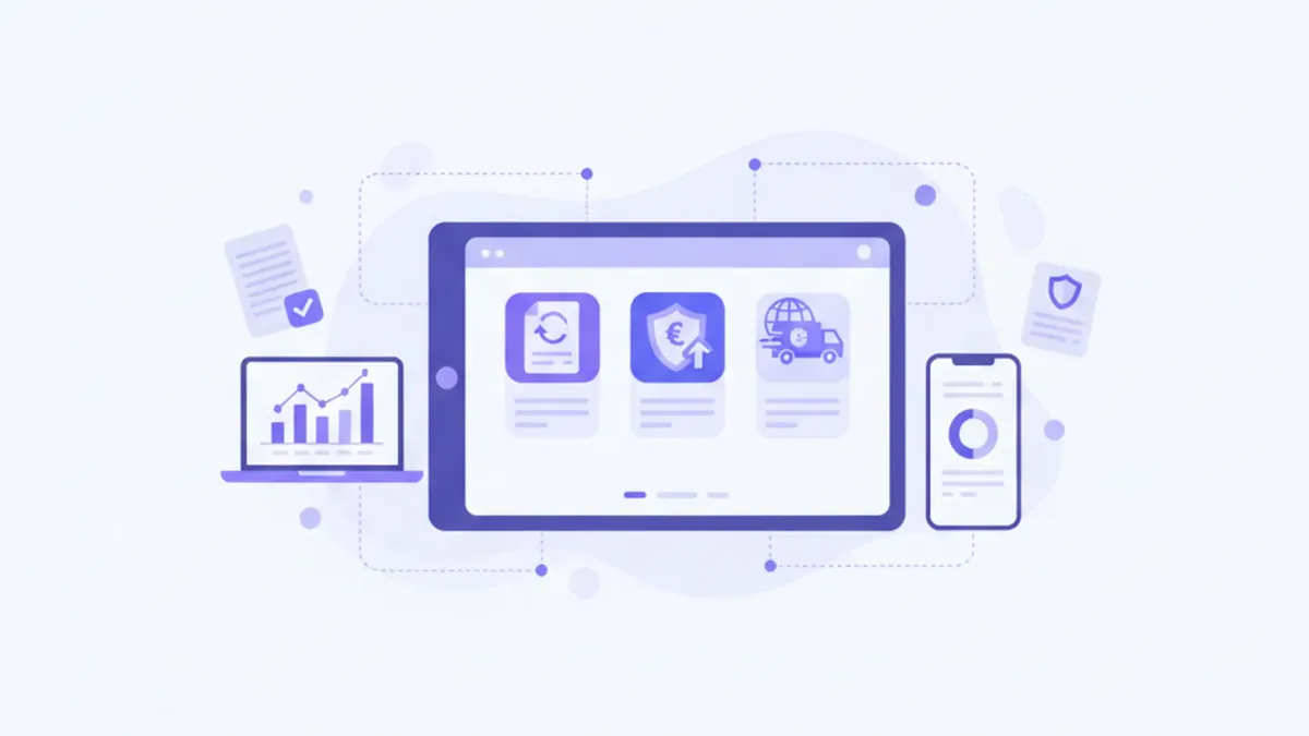 Ilustración vectorial de una tienda online con íconos de facturación, impuestos y logística en tonos violeta y azul