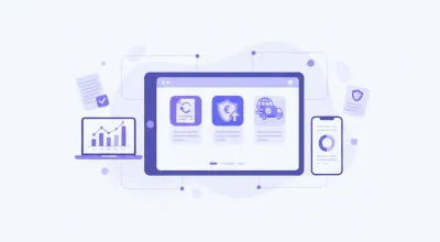 Ilustración vectorial de una tienda online con íconos de facturación, impuestos y logística en tonos violeta y azul