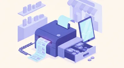 Ilustración de una impresora térmica de tickets imprimiendo un comprobante mientras se abre el cajón de dinero conectado por cable
