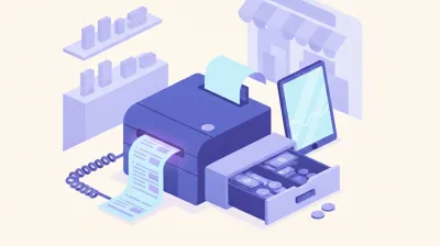 Ilustración de una impresora térmica de tickets imprimiendo un comprobante mientras se abre el cajón de dinero conectado por cable