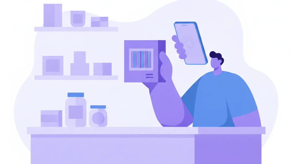 Ilustración de una persona usando la cámara de su celular para escanear el código de barras de un producto sobre el mostrador de un comercio chico