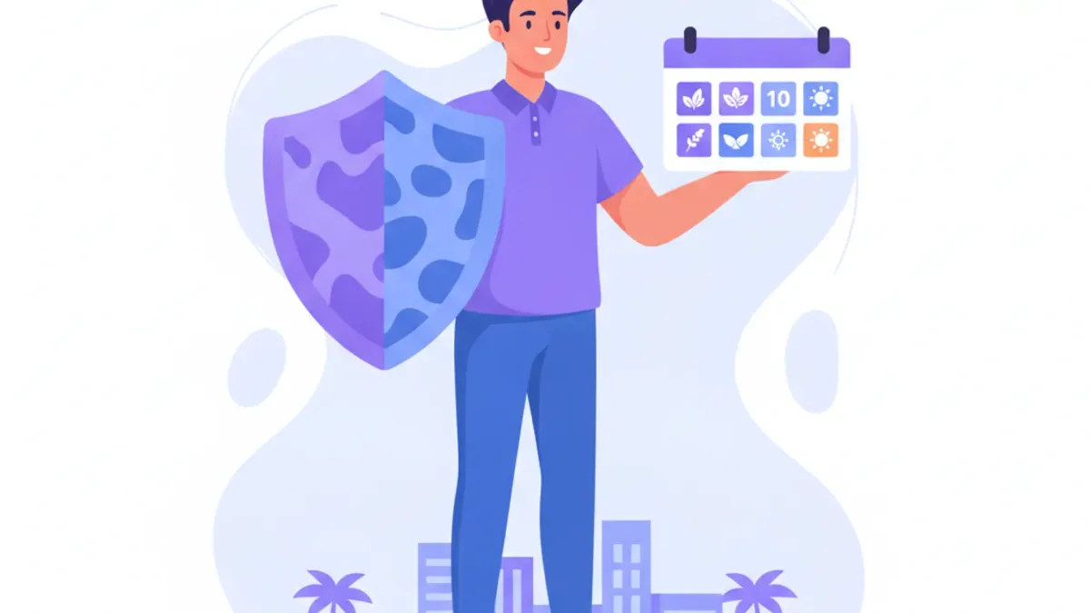 Ilustración de un trabajador con un escudo y un calendario de diez años
