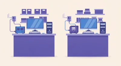Ilustración comparativa de un estabilizador de tensión y una UPS con batería, ambos conectados a la PC de un mostrador