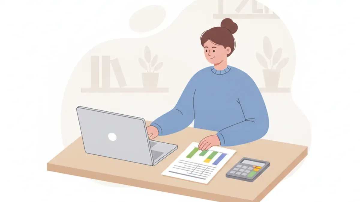 Mujer trabajando en una laptop con un informe impreso de gráficos de barras y una calculadora sobre el escritorio
