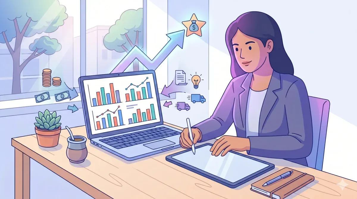 Empresaria revisando un estado de resultados con gráficos en una notebook