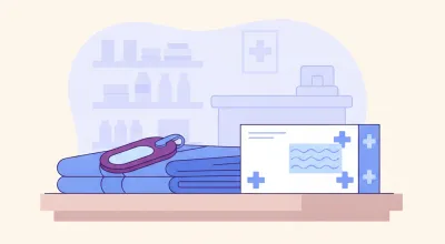 Ilustración de una etiqueta antihurto dura con broche sobre una prenda de ropa junto a una etiqueta antihurto blanda adhesiva sobre una caja de farmacia