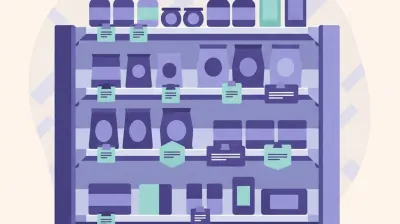 Ilustración de una góndola de almacén con distintos tamaños de etiquetas de precio pegadas debajo de cada producto