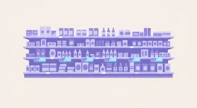 Ilustración de una góndola de supermercado con etiquetas electrónicas digitales debajo de cada producto en vez de cartelitos de papel