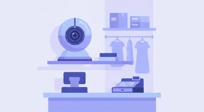 Ilustración de una cámara EZVIZ C6N con base giratoria apoyada en un estante detrás del mostrador de un comercio