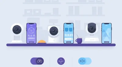 Ilustración comparando tres cámaras Wi-Fi de mostrador con las apps EZVIZ, Imou Life y Tapo abiertas en la pantalla de un celular