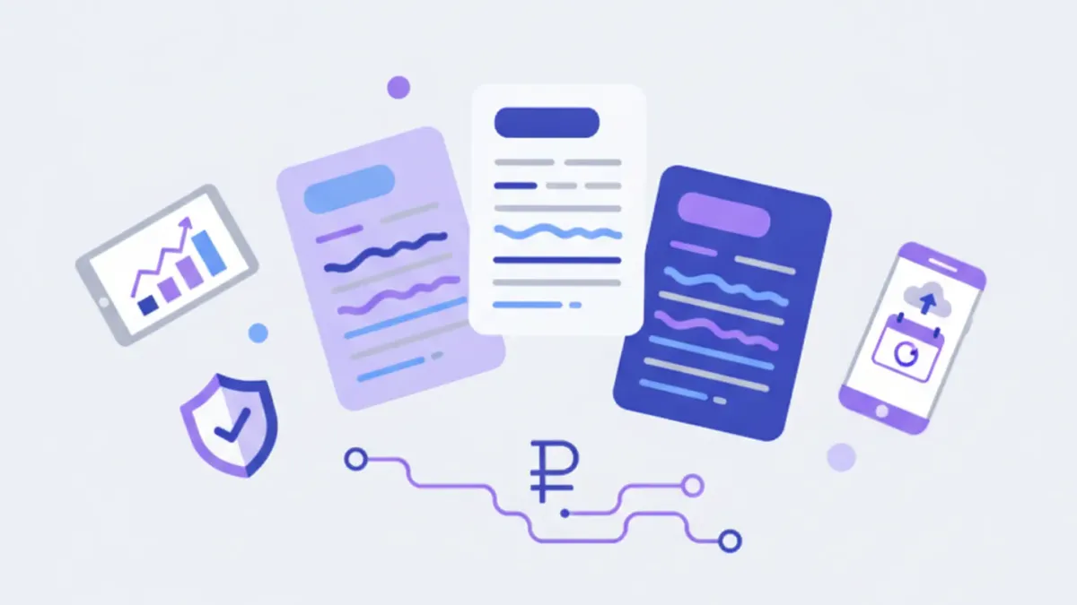 Ilustración flat vector con íconos de facturas A, B y C en tonos violeta y azul, representando los distintos tipos de comprobantes fiscales en Argentina