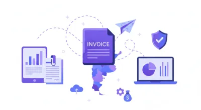 Ilustración de factura de exportación electrónica en Uruguay con íconos de avión, mapa y escudo fiscal en tonos violeta y azul