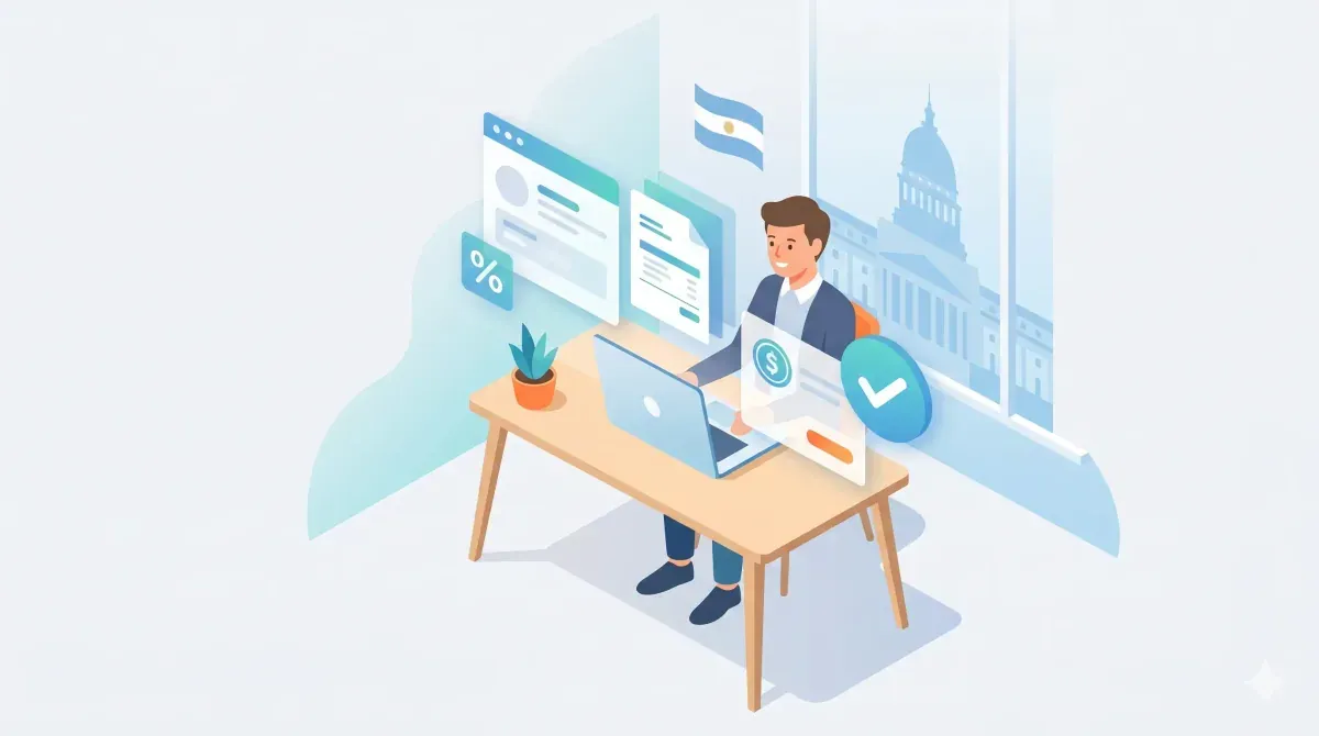 Ilustración de una persona facturando desde una notebook con comprobantes electrónicos validados, la bandera argentina y el edificio del organismo fiscal de fondo