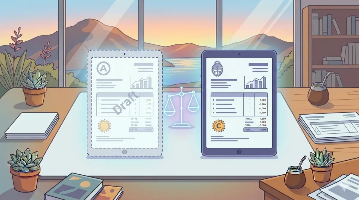 Dos documentos uno al lado del otro etiquetados visualmente como proforma y comercial sobre una mesa de trabajo