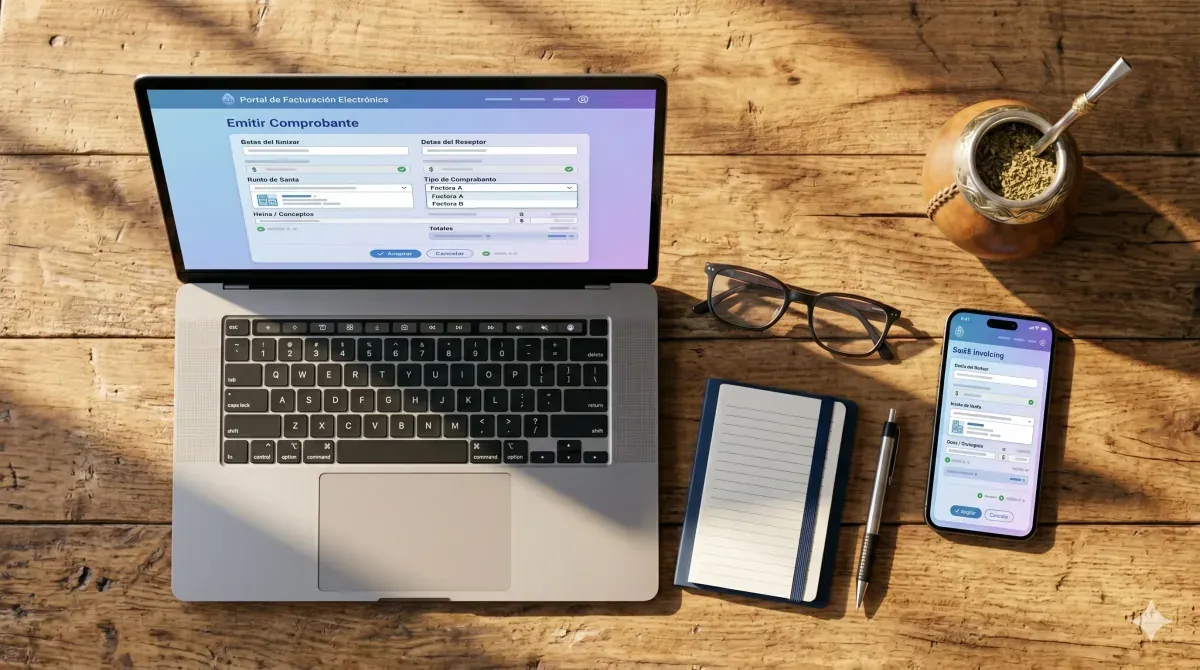 Facturador AFIP: laptop mostrando el portal de AFIP en pantalla y un celular con la app móvil del facturador encima del escritorio