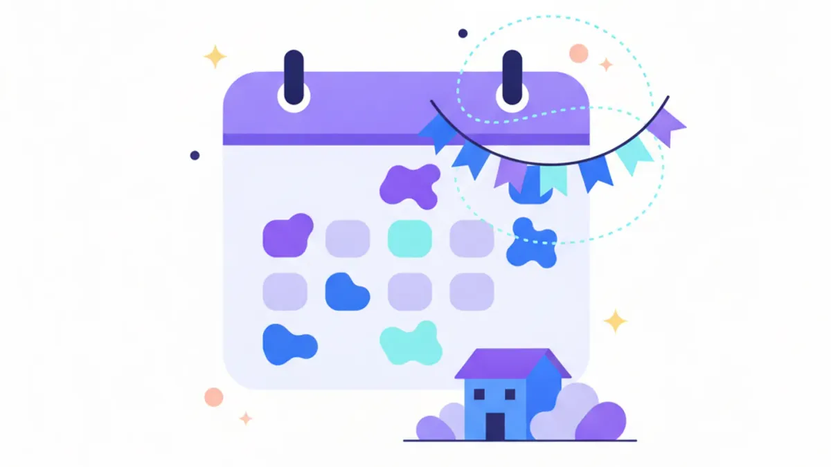 Ilustración de un calendario con varias fechas marcadas y una bandera de festejo sin símbolos