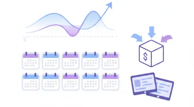 Calendario de doce meses con una línea de saldo que baja por debajo de cero y se recupera, junto a una caja con flechas de entrada y salida
